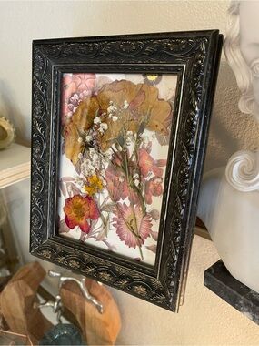 Pressed Floral Art in Black Ornate Frame